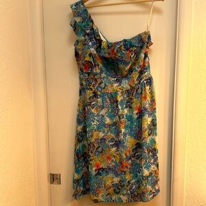 Tahari One Shoulder Asymmetrical Ruffle Floral Midi Dress | Blue & Orange | 14